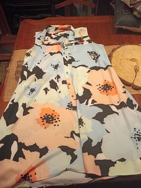 Calvin Klein Floral Print Blouse in Peach, Black & Light Blue